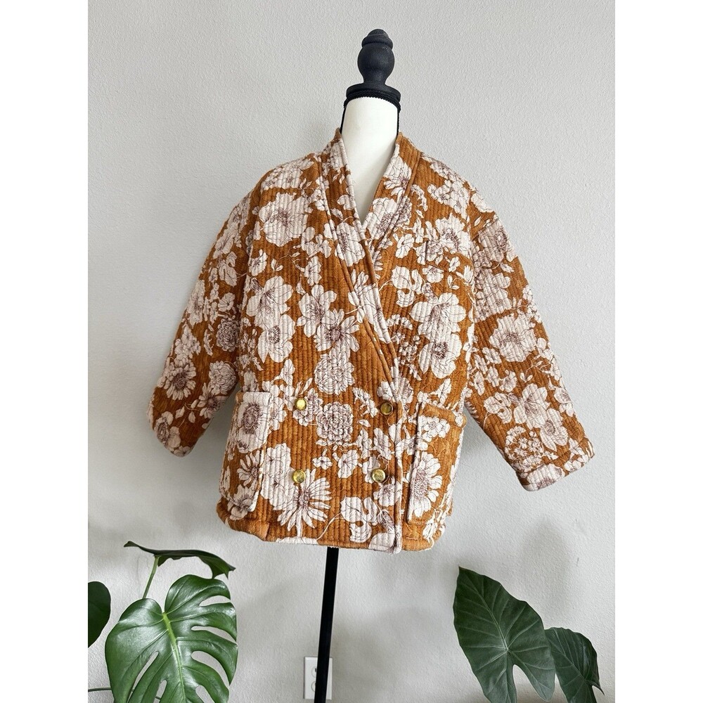 Antik Batik Mustard Floral Quilted Cotton Jacket S Double Breasted Boho Blazer
